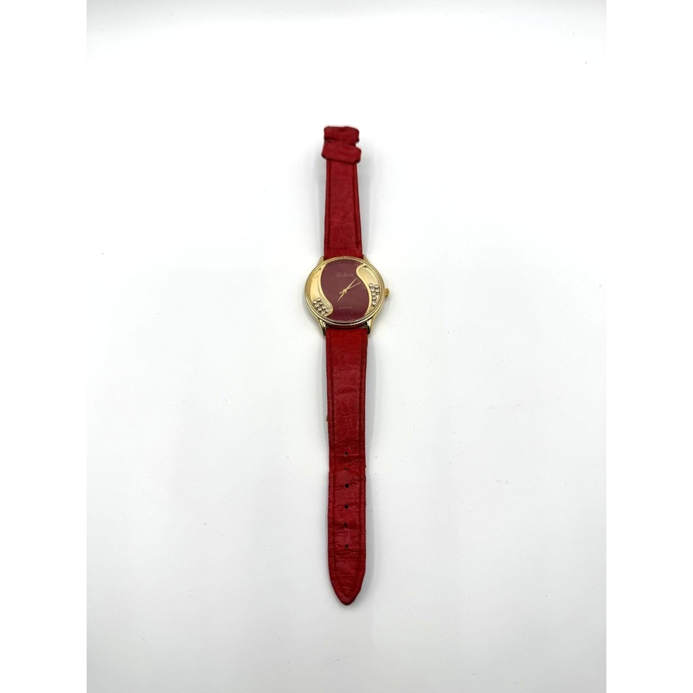 Le Baron Quartz Watch Red Dial Gold Tone Rhinestone Accent Genuine Leather